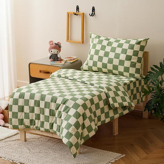 KAREVER Grid Toddler Bedding Set Green White Checkered 4 Pieces Crib Bed Set Kids Pliad Comforter Set