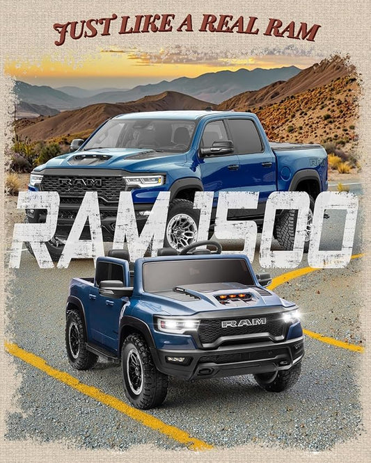 First Ride On 24V Ride On Toys for Big Kids, RAM 1500 2 Seater Ride on Car w/Remote, Battery Powered Truck w/ 4 Wheels Suspension, Toddler Car w/Bluetooth, LED Lights, Trunk & High Doors (DarkBlue)