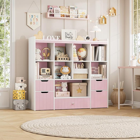 HORSTORS 48" W Kids Toy Storage Organizer, Large Toy Storage Chest with Removable Bins, 46" H Kids Bookshelf and Bookcase with Drawers for Boys and Girls, Modern Toy Box for Playroom, Classroom, Pink