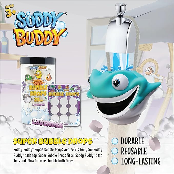 Suddy Buddy® Bubble Bath Toy, Kids Ages 3+, Boys and Girls, Safe & Clean, Collect All Four. Includes: 1 Character Bubble soap Dispenser, 1 Trading Card, and 3 Super Bubble Drops. Shark