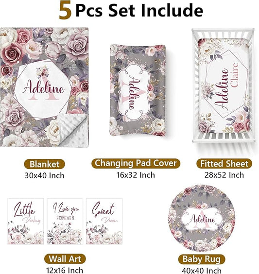 Personalized Baby Bedding - 5 Pcs Custom Name Bedding for Girls & Boys - Soft Toddler Crib Sets for Infant Customized Gifts, Rose