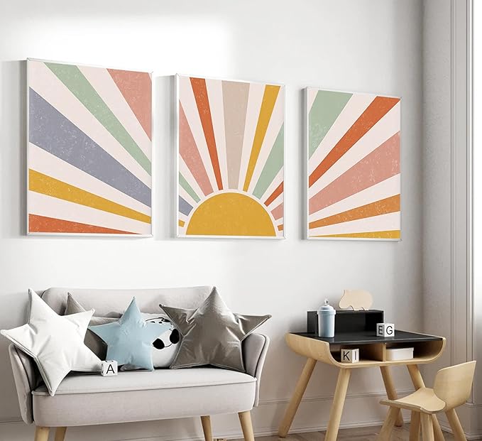 3 Pieces Nursery Boho Canvas Wall Art Rainbow Sun Rising on the Horizon Geometric Nature Illustration Line Pictures Wall Decor Posters Prints for Toddler Kids Room Home Decoration Unframed