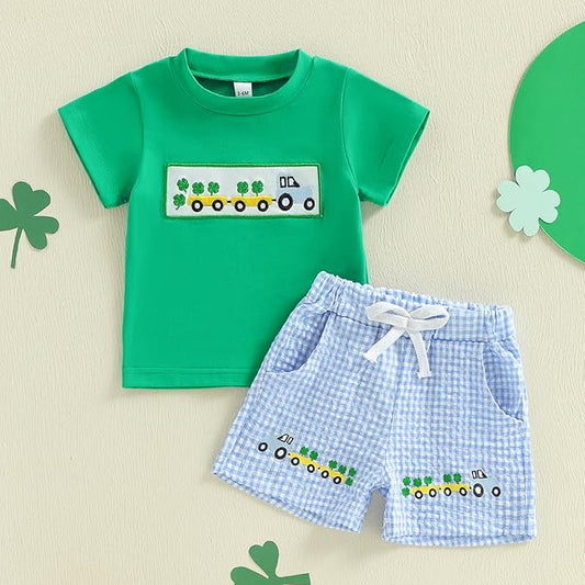 Baby Boy St Patricks Day Outfit Clover Embroidery Short Sleeve T-shirt Tops Shorts Set Toddler Spring Summer Clothes