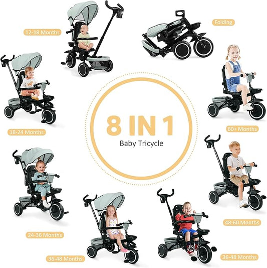 Folding Kids Tricycle, 8 in 1 Baby Trike W/Removable & Adjustable Canopy, Parent Handle, 5-Piont Safety Harness, Toddler Bike Stroller for Kids 1-6 Years, EVA Wheels, Storage Basket, Green