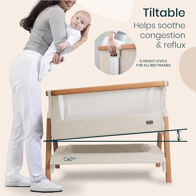 Tutti Bambini CoZee® Air Baby Bassinet & Bedside Sleeper - Rocking Bassinet for Baby, Fast-Folding with Travel Bag, Deluxe Airflow Mattress & 6 Mattress Heights, 0-6 Months (Walnut & Ecru)
