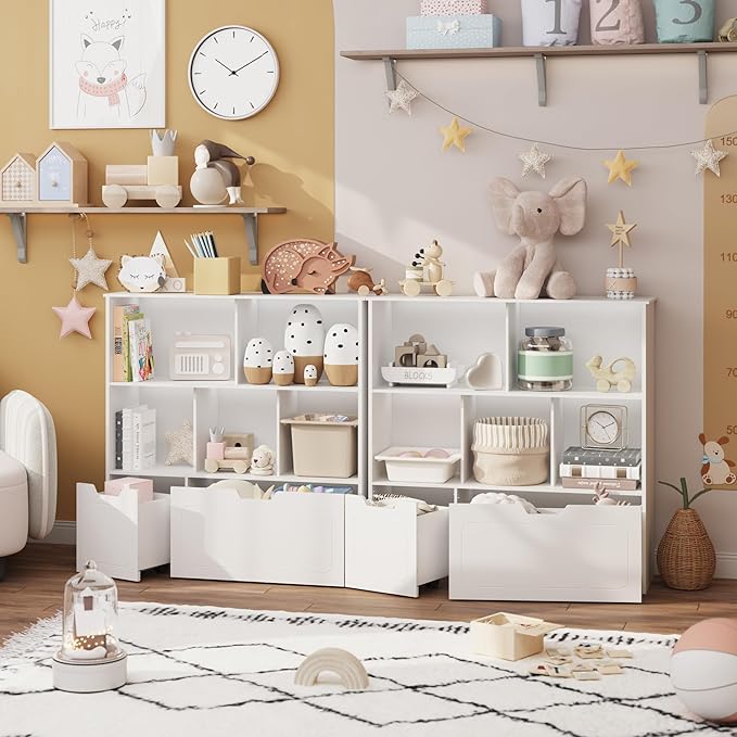 BRINJOY Toy Storage Organizer with 2 Movable Drawers, 3-Shelf Kids Bookcase Children's Toy Chest Cabinet for Playroom Bedroom Daycare Nursery School, 5 Cubes Montessori Bookshelf