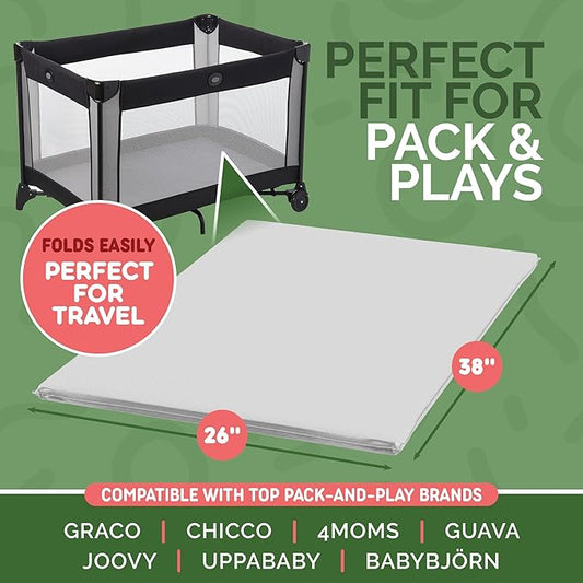 Pack and Play Mattress 38x26 x1-1-Inch Firm Foam Pack n Play Mattress Pad with Waterproof Vinyl Cover - Safe Secure Fit for Playard Bedding - CPSC Compliant Foldable Portable Travel Baby Bed