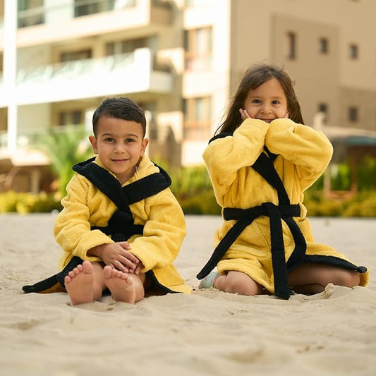 BAGNO MILANO Kids Organic Turkish Cotton Hooded Beach Cover-Up Towel, GOTS Certified, for Boys and Girls (Tiger Yellow, 7-8 Years)