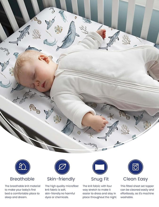 TotAha Premium Soft Pack n Play Sheets, Super Stretchy Jersey Knit Mini Crib Sheets Fitted, Silky Comfort Pack and Play Mattress Sheets, 2 Pack (Sea Animal)