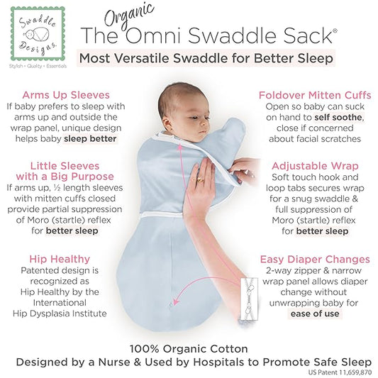 SwaddleDesigns Organic 6-Way Omni Swaddle Sack, Arms Up Swaddle for Newborn, More Options to Calm Startle Reflex, Improves Sleep, Small, 0-3 mo, 6-14 lbs, Soft Blue