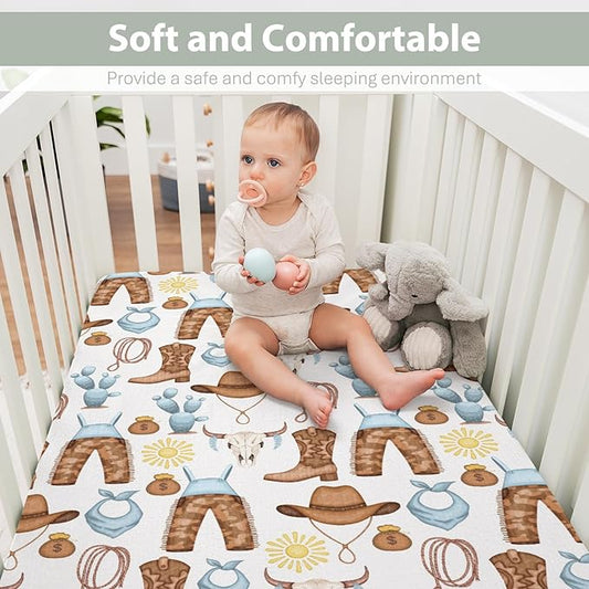 Cute Blue Western Cowboy Baby Crib Sheets for Boy 28"x52" Cowboy Boots Hat Cactus Skull Sun Soft Snug Fitted Crib Mattress Cover Wild West Desert Baby Sheet for Standard Crib & Toddler Mattress