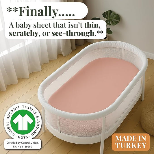 GOTS 100% Organic Bassinet Sheets - Luxurious Turkish Cotton for Halo, SNOO, Dream on Me Karley & Lacy, Delta Children and Simmons Kids City Sleeper Oval or Rectangle Bassinet Bed Pads or Mattresses