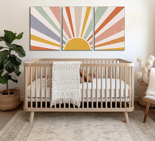 3 Pieces Nursery Boho Canvas Wall Art Rainbow Sun Rising on the Horizon Geometric Nature Illustration Line Pictures Wall Decor Posters Prints for Toddler Kids Room Home Decoration