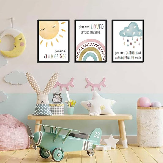 Kids Bible Verse Wall Art, Christian Scripture Wall Decor Paintings Set of 3, Nursery Rainbow Inspirational Posters Prints Pictures for Classroom Kids Room Baby Room Bedroom 16x24 Inch Wood Framed