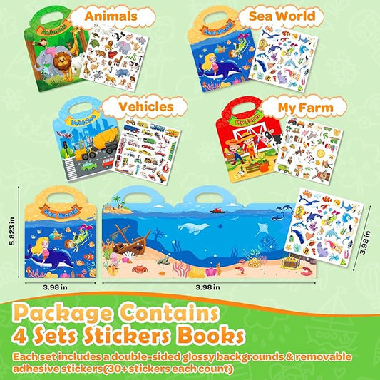 4 Sets Reusable Sticker Books for Toddler, Travel Toys for Toddlers 3-5, Arts Crafts Jelly Stickers, Activity Books for Kids, Holiday and Birthday Gifts Christmas Stocking Stuffers for Boys Girls