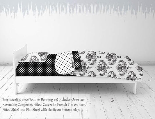 Bacati - Classic Damask Black/White 4 Pc Neutral dler Bedding Set 100 Percent Cotton Includes Reversible Comforter, Fitted Sheet, Top Sheet, and Pillow Case for Boys/Girls
