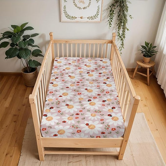 Spring Daisy Floral Baby Crib Sheets for Boy Girl 52x28Inch Boho Wildflower Leaves Soft Stretchy Fitted Crib Mattress Covers Greenery Nursery Baby Sheet for Crib and Toddler Bed Mattresses