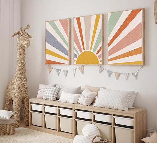 3 Pieces Nursery Boho Canvas Wall Art Rainbow Sun Rising on the Horizon Geometric Nature Illustration Line Pictures Wall Decor Posters Prints for Toddler Kids Room Home Decoration Unframed