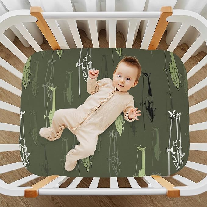 Helicopters Green Crib Sheets Soft Breathable Fitted Baby Crib Sheets Mattress Cover for Girl Boys, 52" x 28" x 9"