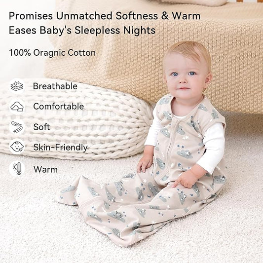 Baby Sleep Sack 0-6 Months 0.5 Tog Wearable Blanket Baby, 3 Pack 100% Cotton Lightweight Sleeping Sack with 2-Way Zipper for Newborn Infant Apricot White Sun Clouds