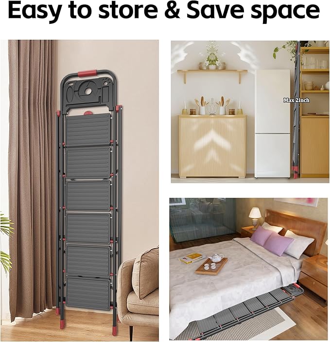6 Step Foldable Step Ladder with Mutifunctional Tool Tray, Platform Ladders Stepstools, Step Stool 6 Step Folding with Non-Slip Pedals, 800lbs Bearing Capacity for Adults, Home, Kitchen, Black Red