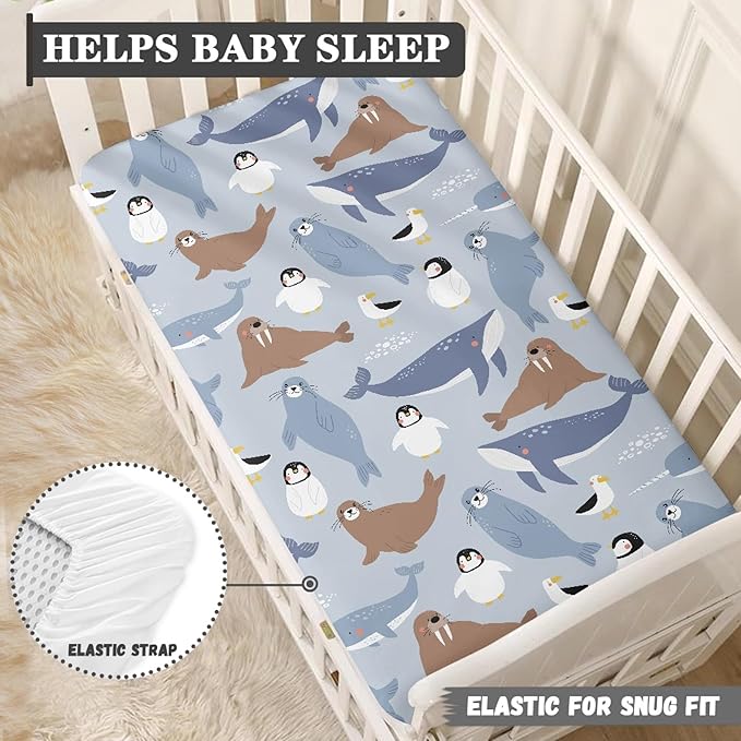 Cute Arctic Animals Fitted Crib Sheet for Boys Girls Seal Penguin Walrus Whale Albatross Baby Sheet for Standard Crib and Toddler Nursery Bed Mattress Sheets 28"x52"