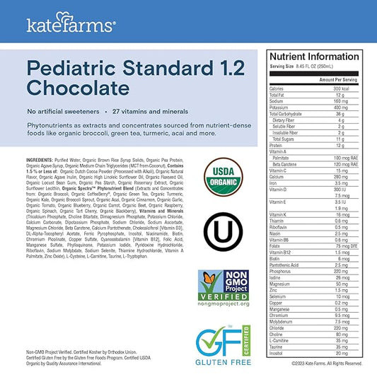 KATE FARMS Organic Pediatric 1.2 High Calorie Chocolate Nutrition Shake, 12g Protein, 27 Vitamins and Minerals, Meal Replacement, 8.45 oz (6 pack)