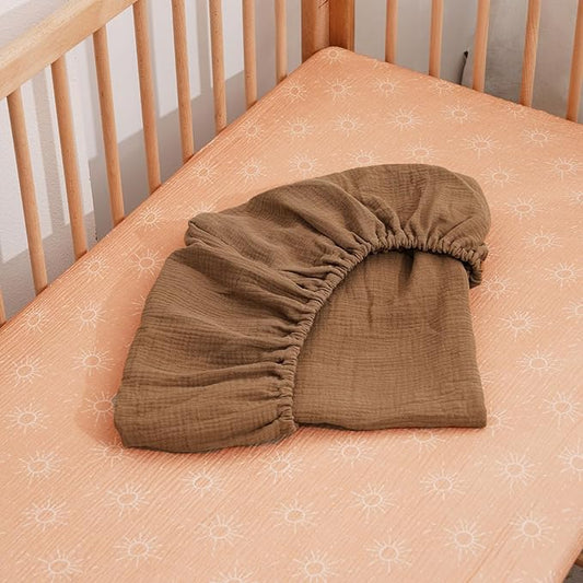 Muslin Crib Sheets–100% Organic Cotton Baby Sheets for Boys & Girls,2 Pack Muslin Mini Crib Sheets for Toddler Mattress,Breathable Crib Mattress Sheets 28''x52''(Sun)