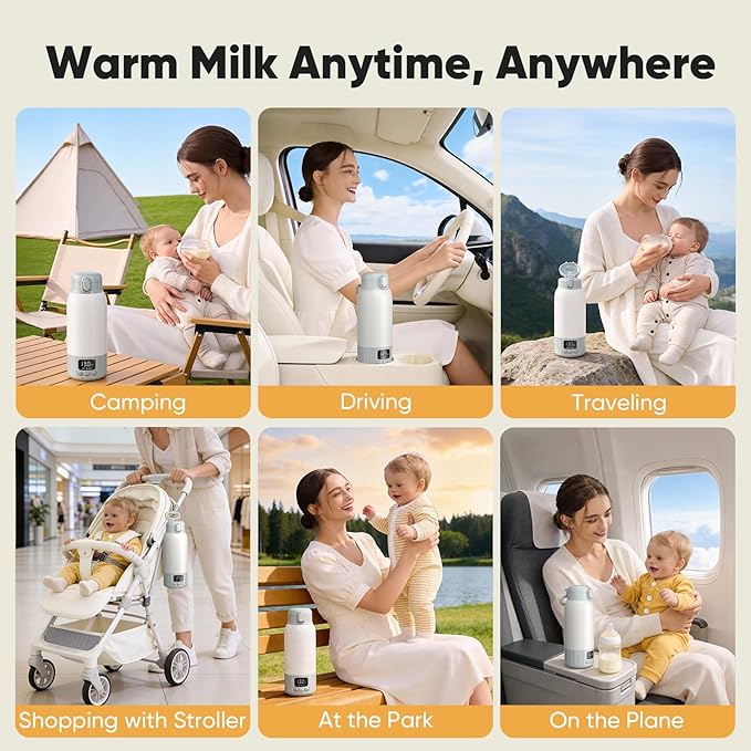 Portable Bottle Warmer for Travel, 17 Ounces Milk Warmer On The Go, Fast Heating for Breast Milk, Formula, Water, Temp Control 98°F -131°F, Baby Essentials for Outdoor Airplane Car Journey