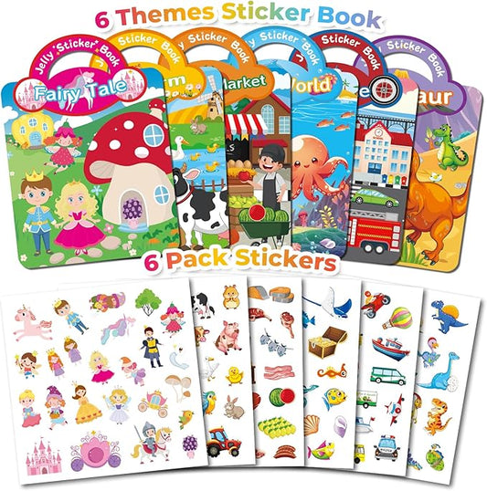 Kalysky 6Pcs Reusable Sticker Book, Jelly Sticker Books for Kids Ages 3-5, Cute Sticker Books for Toddlers 2-4 Years, Sticker Activity Book for Girl Boy