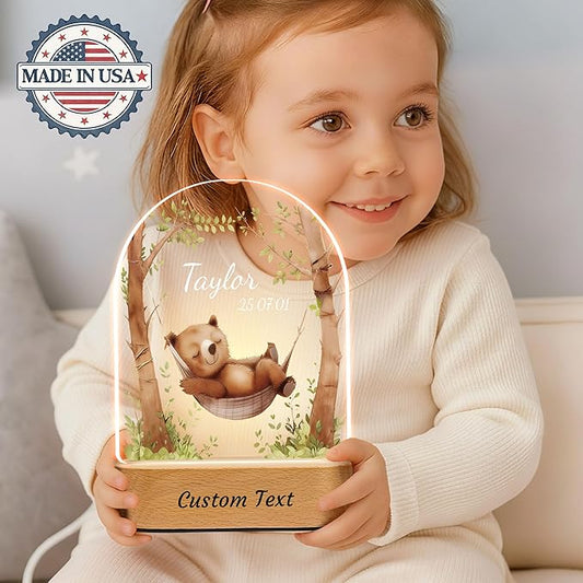 IOUMAM Personalized Baby Gifts for Kids Cute Bear Name Night Light for Boys Girls, Custom LED Acrylic Plaque Lamp for Toddler, Christmas Newborn Baby Shower Gifts for Children's Room Nursery Decor