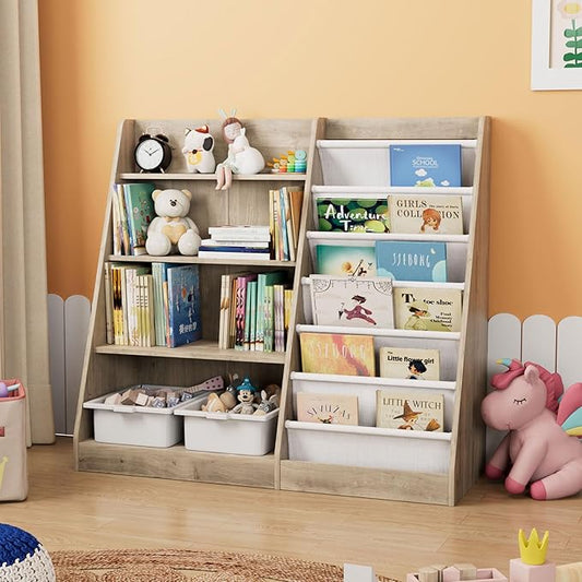 HedoAjim Kids Bookshelf Wood Toy Storage Organizer Cabinet Children Bookcase Toddler Baby Sling Book Rack Adjustable Shelf for Playroom Bedroom Nursery Hallway School Kindergarten