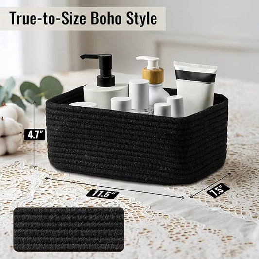 8 Pack Small Storage Baskets for Organizing, Woven Rope Bins for Bathroom, Closet, Shelf Organizer, Cute Cube Decorative Box for Towels, Baby Nursery, Toys, Gift Empty Baskets - 11.5"x7.5"x4.7"-Black