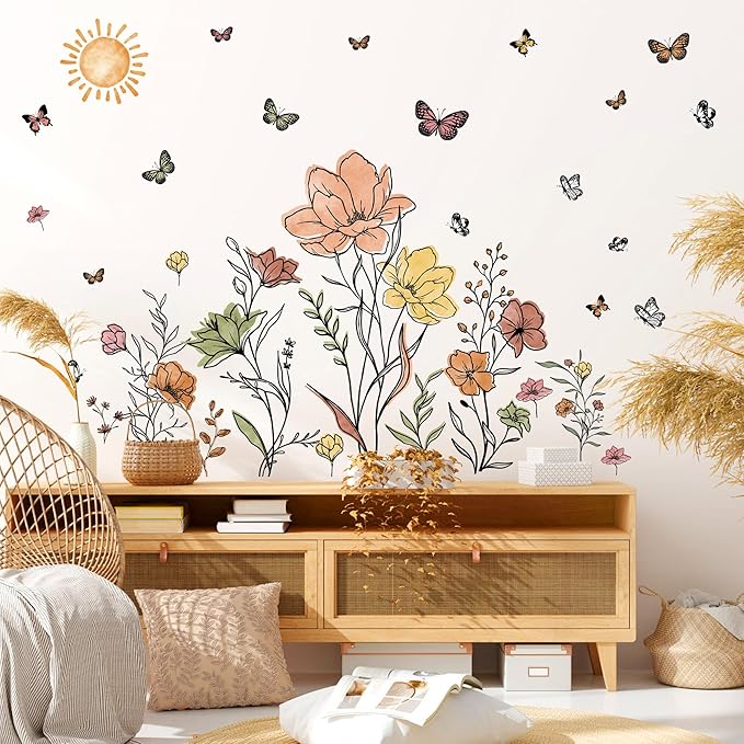 Boho Flower Wall Decals Watercolor Flower Plants Wall Stickers Wildflower Floral Walls Decals for Living Room Peel and Stick Modern Line Butterflies Art Murals for Girls Bedoom Office Home Decoration