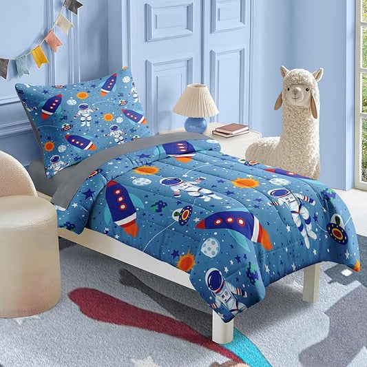 Nesker Comforter Set Toddler Size, Space Moon Astronaut 4 Pcs Bedding for Kids Teens, Science Galaxy Bed Sheet with Pillowcase & Sham