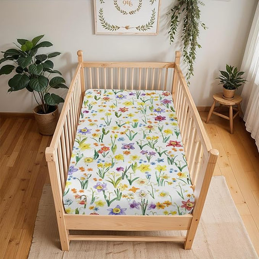Watercolor Daffodils Flowers Baby Crib Sheets for Boy Girl 28"x52" Colorful Spring Bloom Soft Stretchy Fitted Crib Mattress Covers Garden Floral Summer Baby Sheet for Crib and Toddler Bed Mattresses