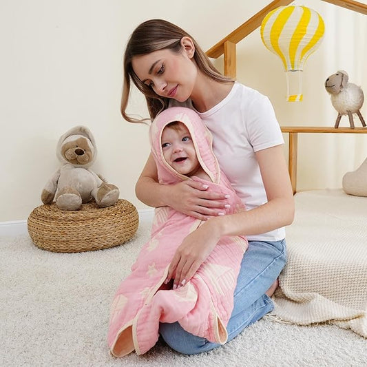 Ultra-Soft Muslin Baby Hooded Towel - 32 x 32 Inches, Ideal for Bath & Beach, Suitable for Both Boys & Girls from Newborns to Toddlers