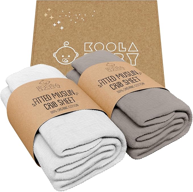Crib Sheets 100% Organic Muslin Cotton Sheets for Boys & Girls, Fitted Sheets for Standard Crib & Toddler Mattress - Super Soft & Breathable for Cozy Comfort | White + Grey - 52"x28" (2 Pack)