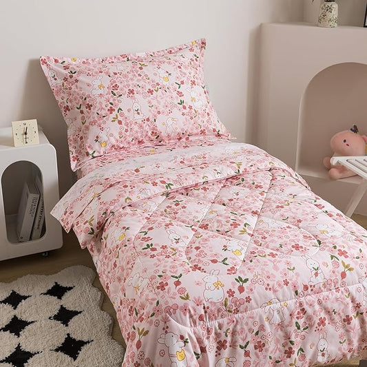 Caressma Twin Size 5 Pieces Pink Comforter Set, Lovely Rabbit Pattern Kids Bedding Set in a Bag with Floral Comforter, Fitted Sheet, Flat Sheet, Pillow Case & Pillow Sham
