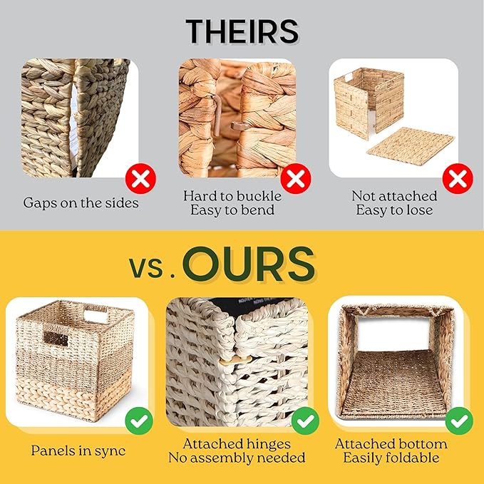 CHI AN HOME 12x12 Storage Cube Bins Wicker Storage Basket for Cube Shelf, Natural Foldable Square Baskets for Storage, Large Woven Cube Storage Bin with Handle, Baskets for Pantry, Bedroom Set of 4