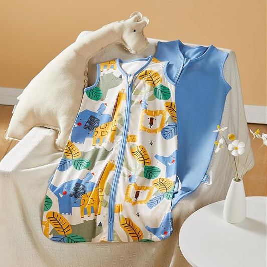 TILLYOU 2 Pack Baby Sleep Sack 12-18 Months 100% Cotton Wearable Blanket 0.5 TOG Sleeveless Summer Sleep Sacks with 2-Way Zipper, Animal Geometry & Blue