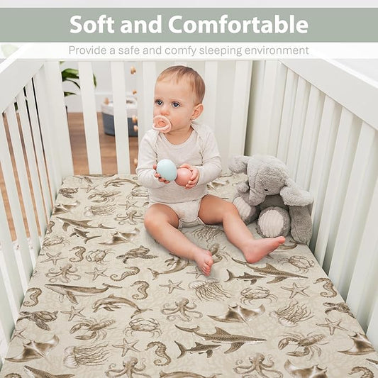 Retro Marine Animals Baby Crib Sheets Boy Girl 28"x52" Whale Dolphin Jellyfish Sea Horse Turtle Coral Soft Snug Fitted Crib Mattress Cover Ocean Animal Baby Sheet for Standard Crib & Toddler Mattress