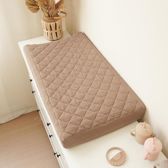 Konssy Waterproof Muslin Changing Pad Cover 2 Pack, Quilted Cotton Fitted Diaper Changing Table Cover, Soft Changing Pad Sheets for Girls Boys (Brown, Cream)