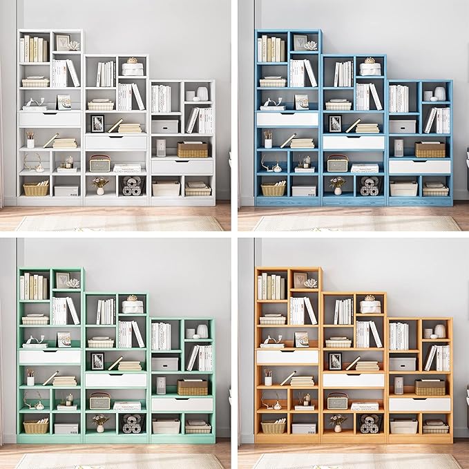IOTXY Wooden Open Shelf Bookcase - 61" Height Free Standing Display Storage Cabinet Organizer with 8 Cubes and a Drawer, Floorstanding Bookshelf, Warm White