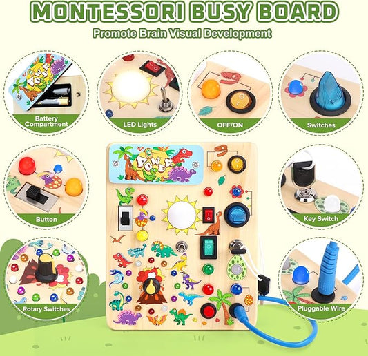 Busy Board for Toddlers - Montessori Educational Toy for 1-3 Year Old Boys & Girls | Travel-Friendly Sensory Learning Activity | Ideal for Kids with Autism(Dinosaur Busy Board)