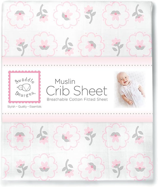 SwaddleDesigns Softest Cotton Muslin Fitted Crib Sheet, Toddler Sheet for Boys & Girls, Fits Standard Crib Mattress (28 x 52 inches), Pastel Pink Posies