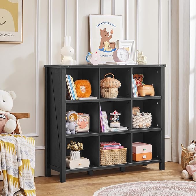 Joaxswe 9 Cube Bookcase, Farmhouse 47 Inch Wide Black Bookshelf, Wooden 3 Tier Display Large Open Book Shelf, Vintage Horizontal Book Case for Home Office, Cubby Storage Cabinet for Living Room