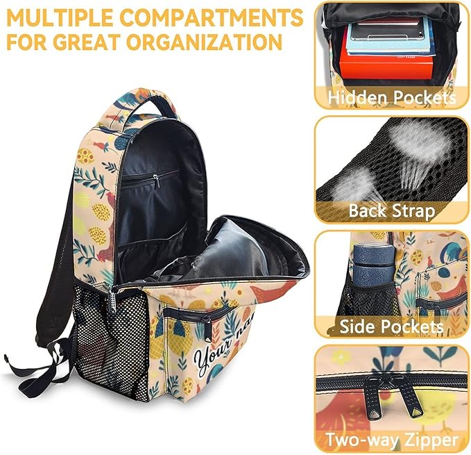 COOPASIA Personalized Chicken Backpack with Lunch Box and Pencil Case, 16 Inch Chicken Theme Bookbag with Adjustable Straps, Durable, Lightweight, Large Capacity, School Backpack for Girls Women