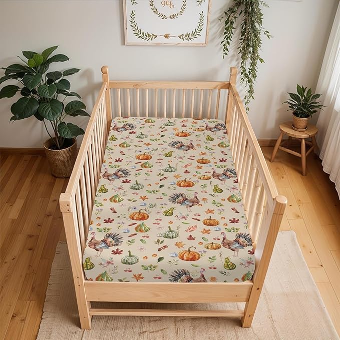 Thanksgiving Turkey Pumpkins Baby Crib Sheets for Boy Girl 52"x28" Vintage Autumn Leaves Soft Stretchy Fitted Crib Mattress Covers Fall Harvest Baby Sheet for Standard Crib and Toddler Bed Mattress
