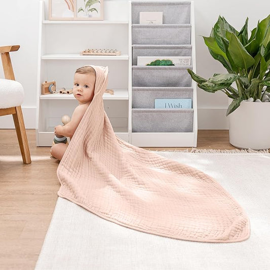 Comfy Cubs Hooded Baby Towel 2-Pack, Large 32 x 32 Inch - 6 Layer 100% Muslin Cotton for Babies, Toddlers and Kids - Soft & Absorbent Baby Bath Towels - Unisex Design for Bath Time - Blush